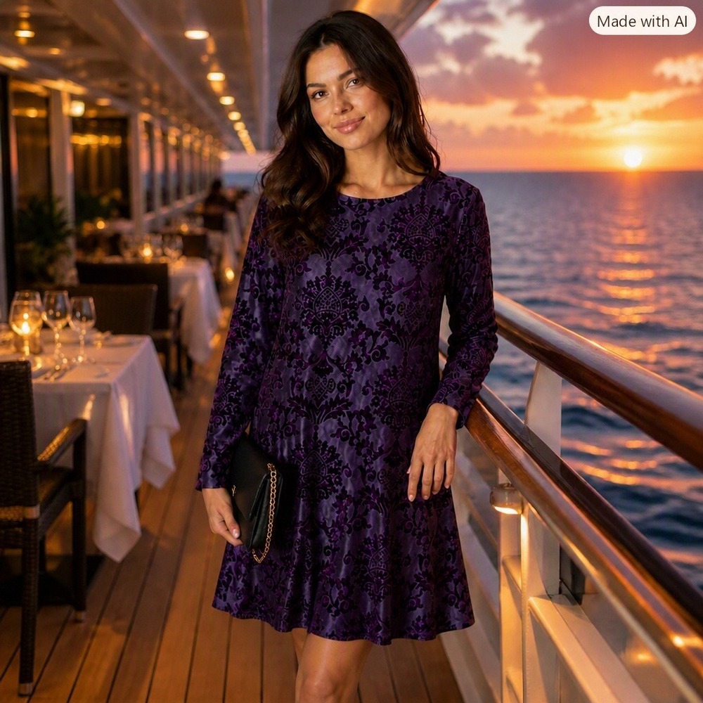 Jessica Howard Purple Velvet Burnout Shift Dress Long Sleeve Size 16 Jewel Tone